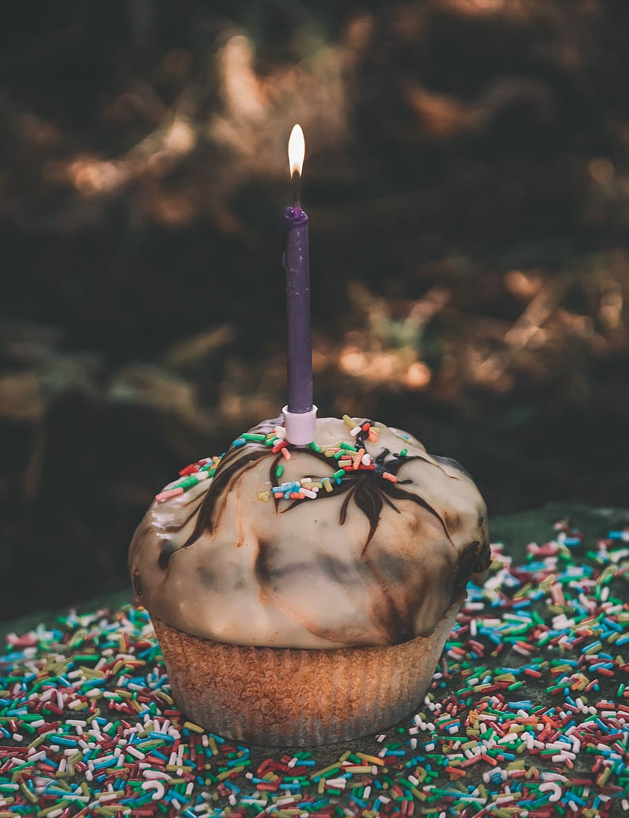chocolate cupcake with purple candle on top, cupcake with rainbow sprinkles topped with lighted candle HD wallpaper