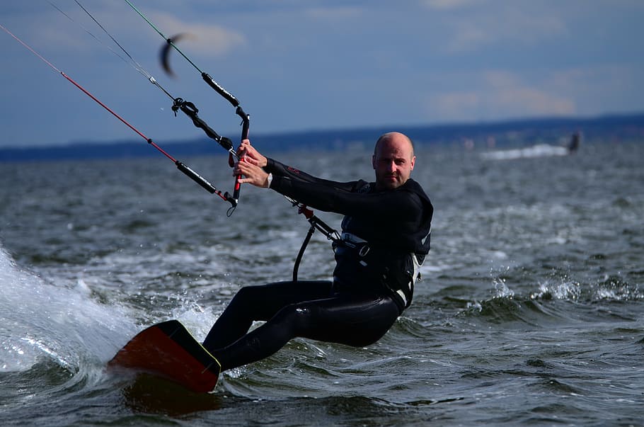 guy, sea, kite, board, hel, the coast, water, helium, leisure activity HD wallpaper