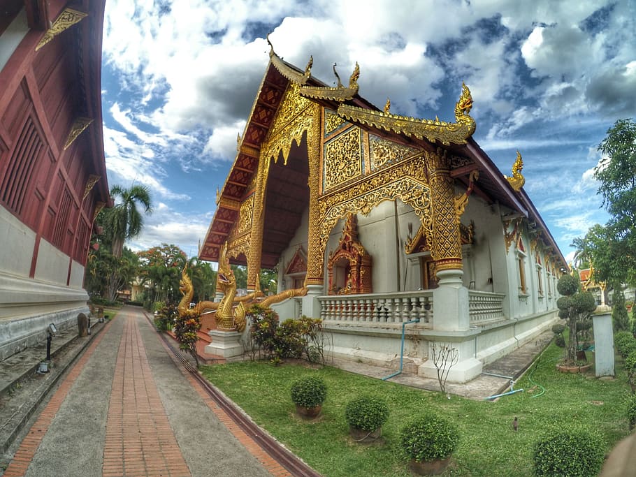 gold and white concrete house, measure, chiang mai thailand, cathedral, HD wallpaper