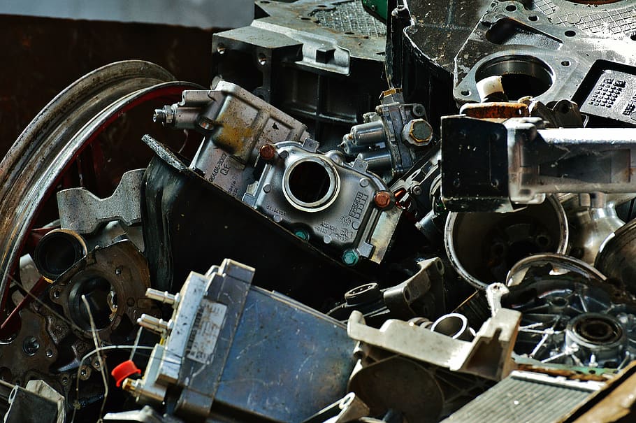 pile of mechanical parts at daytime, iron, scrap, scrap metal