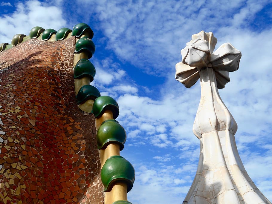 brown and green mosaic glass structure beside white tower low-angle photography, HD wallpaper