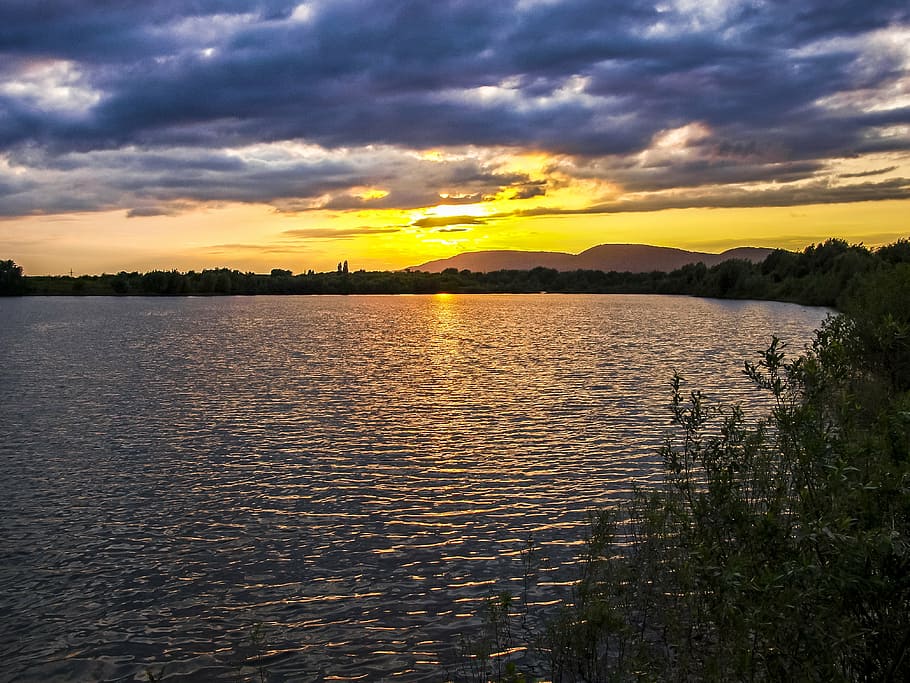 landscape, pond, twilight, sun, sky, sunset, water, cloud - sky HD wallpaper