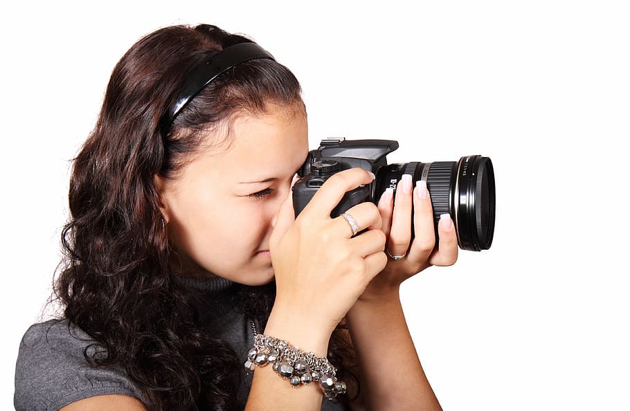 woman holding black DSLR cameroa, camera, digital, equipment HD wallpaper