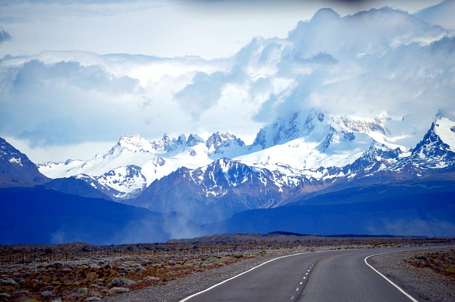 patagonia, road, blue, clouds, immensity, mountain, mountain range HD wallpaper