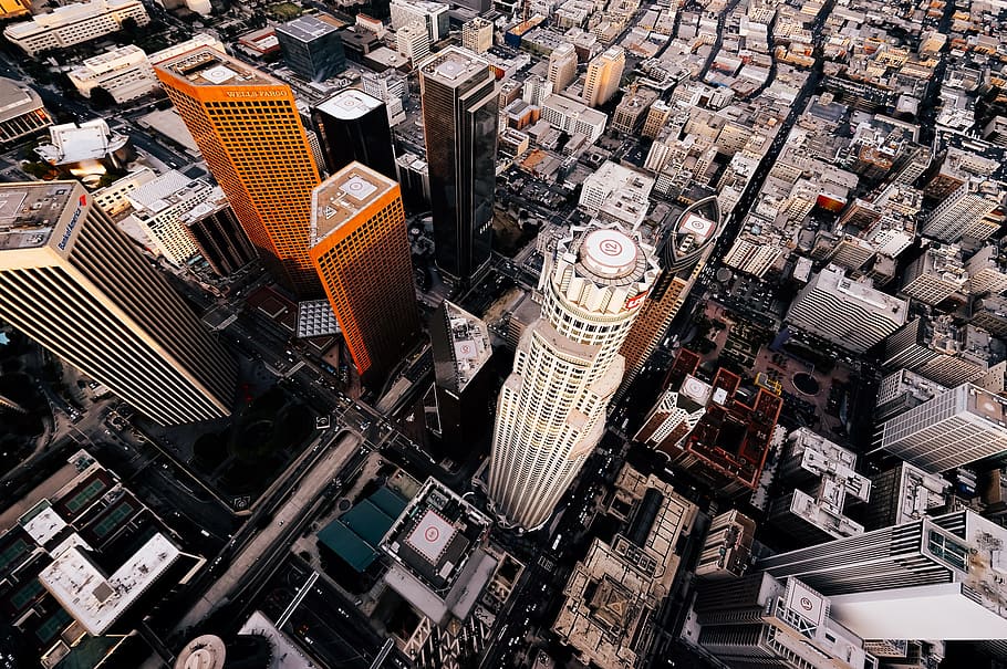 aerial photo of tall buildings, top view of glass buildings at the city HD wallpaper