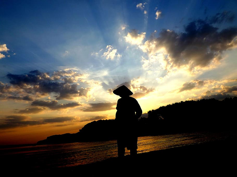 sunset, fisherman, water, reflection, twilight, in the evening HD wallpaper