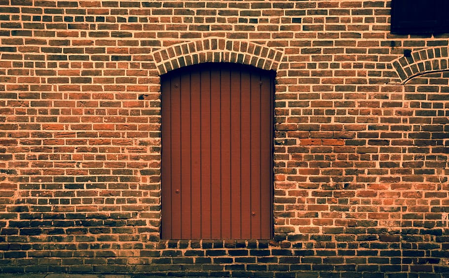 closed brown metal door, untitled, wall, arch, brick, street, HD wallpaper