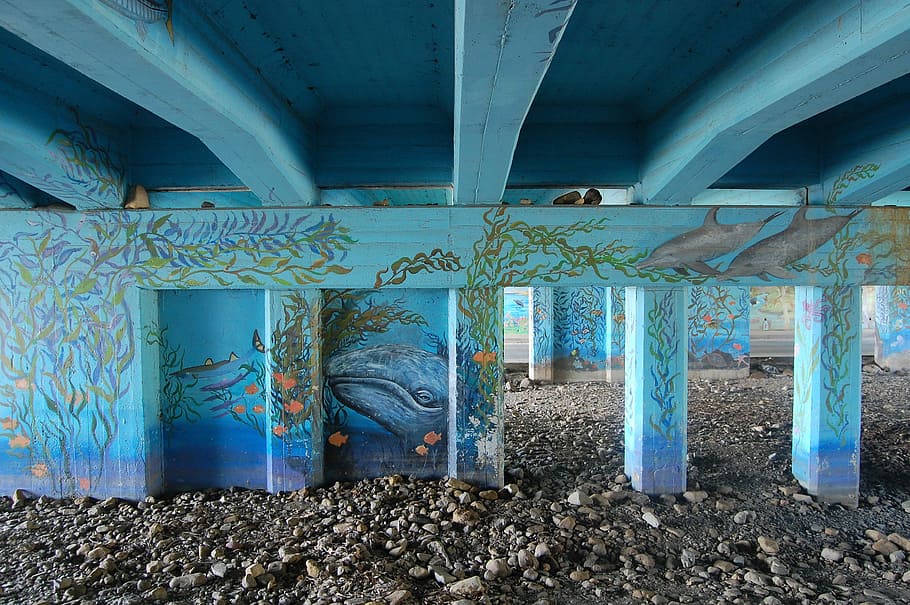 Bridge, Artwork, Tunnel, Rocks, creakbed, marine, dolphins HD wallpaper