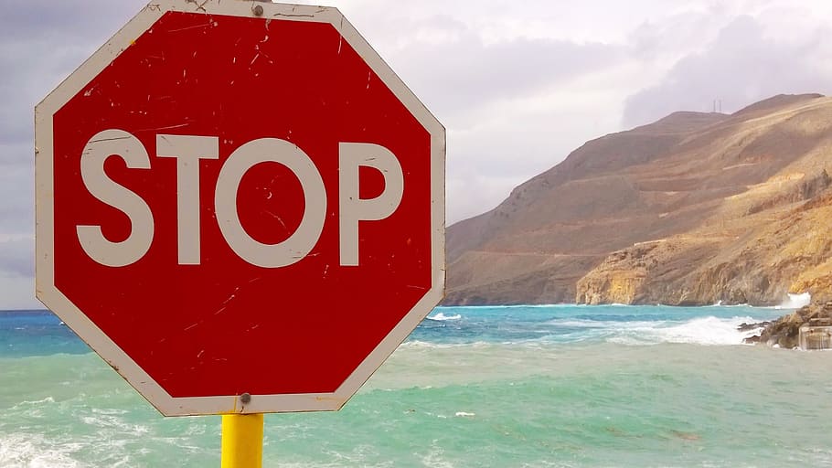 stop, crete, shield, beach, sea, communication, sign, text HD wallpaper
