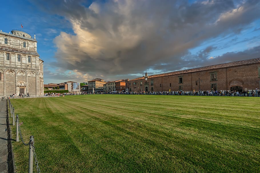 grass, outdoors, panoramic, sky, architecture, pisa, italy, HD wallpaper