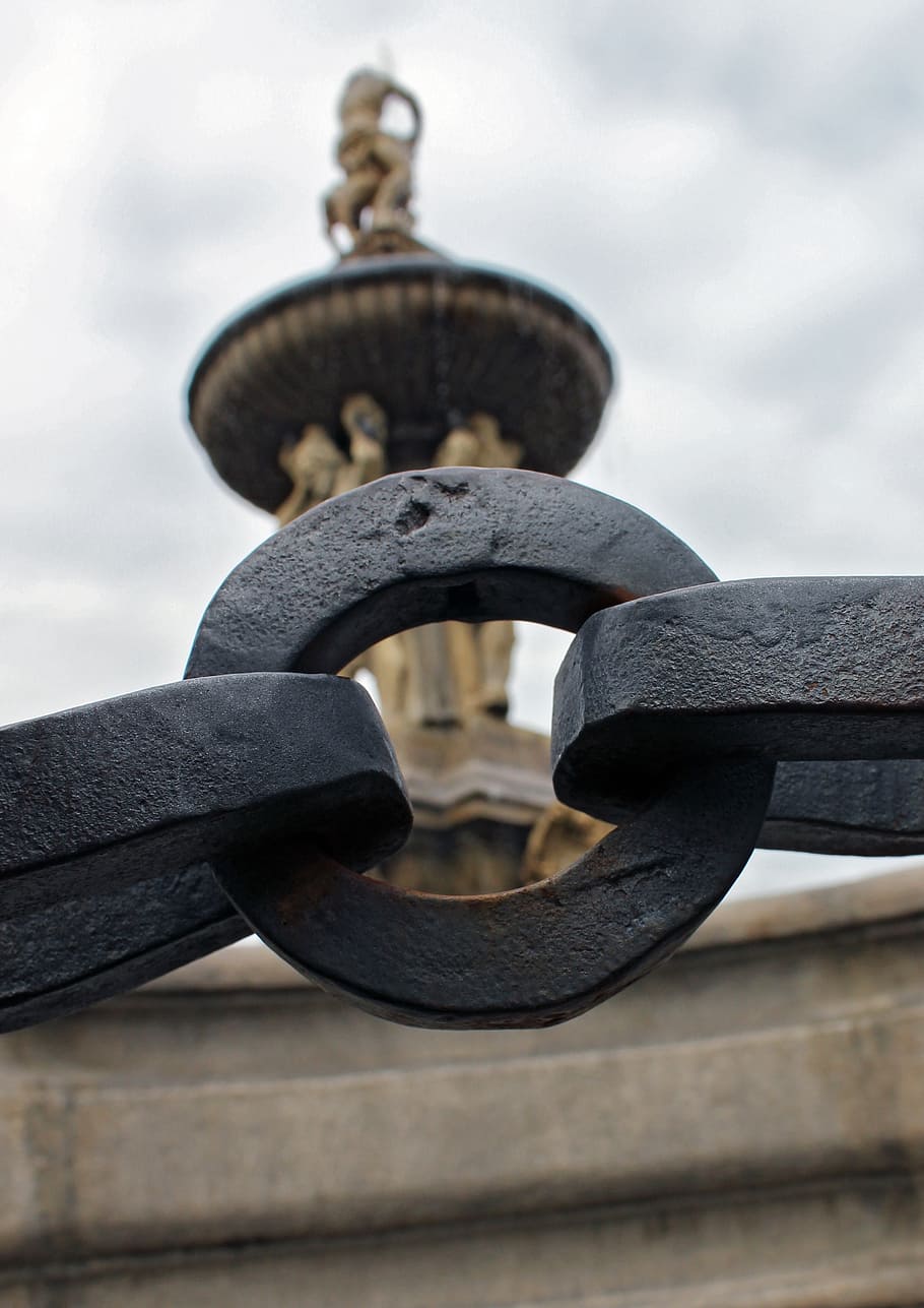 fountain, chain, city, sky, metal, cloud - sky, no people, day HD wallpaper