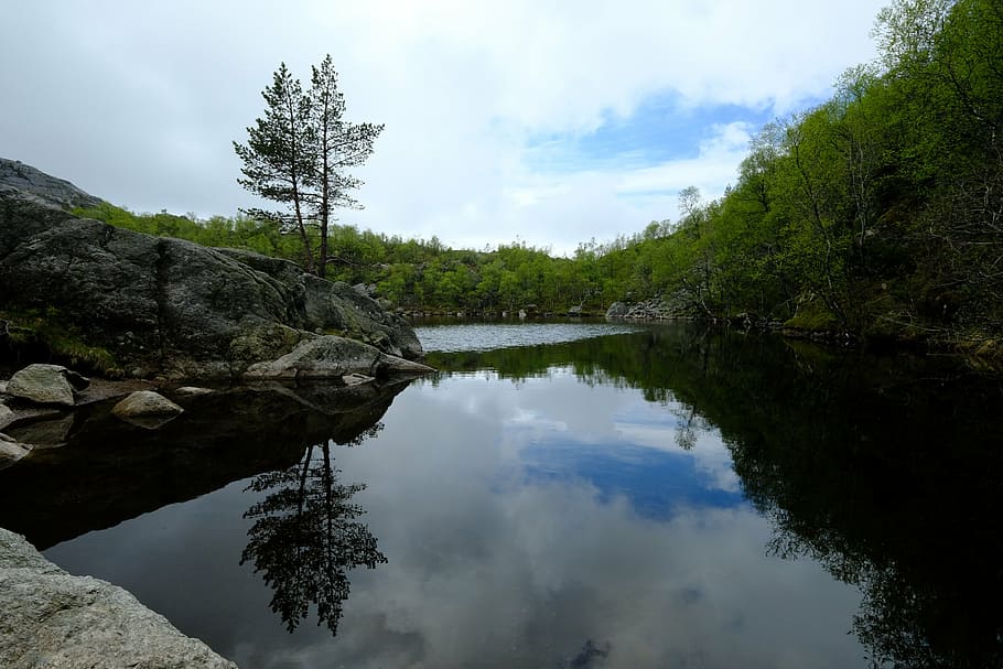 sky, green, water, dark, clouds, forest, tree, landscape, mountain HD wallpaper
