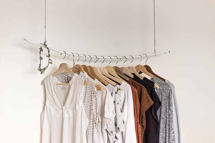 assorted clothes in wooden hangers, hangered shirt lot, Women's clothing, HD wallpaper