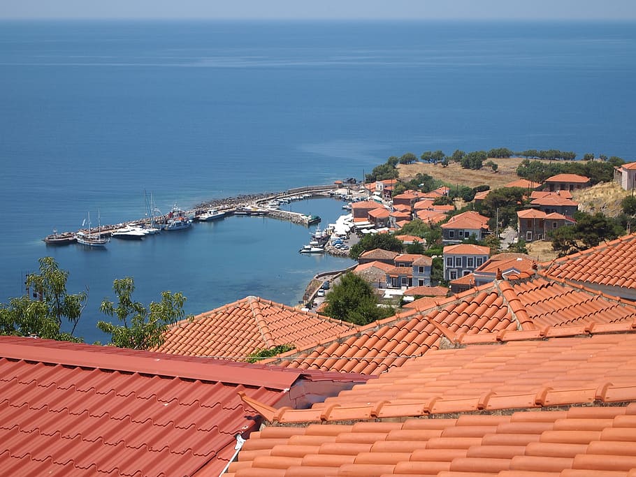 view, port, ships, greece, lesbos, molivos, city, landscape, HD wallpaper
