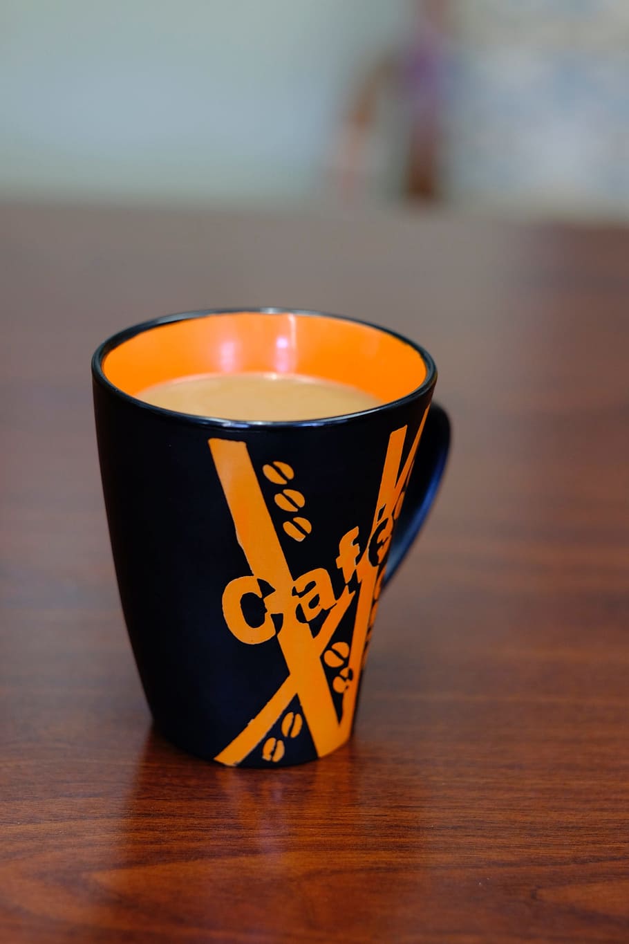 coffee, mug, cup, desk, orange, black, brown, office desk, indoors HD wallpaper