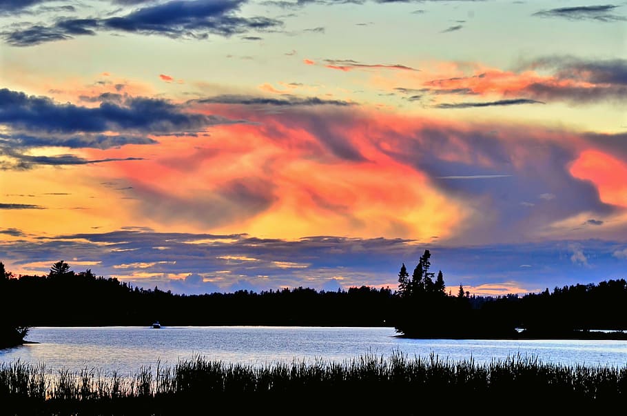 sunset, evening, twilight, sky, lake, clouds, québec, canada HD wallpaper