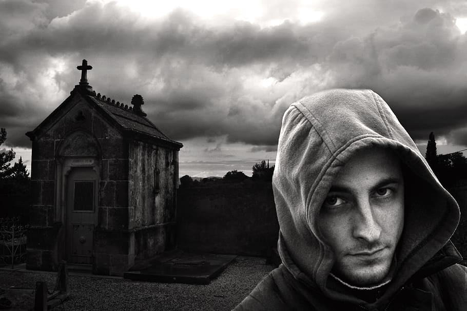 black-and-white, sky, man, person, boy, chapel, clouds, cloudy HD wallpaper