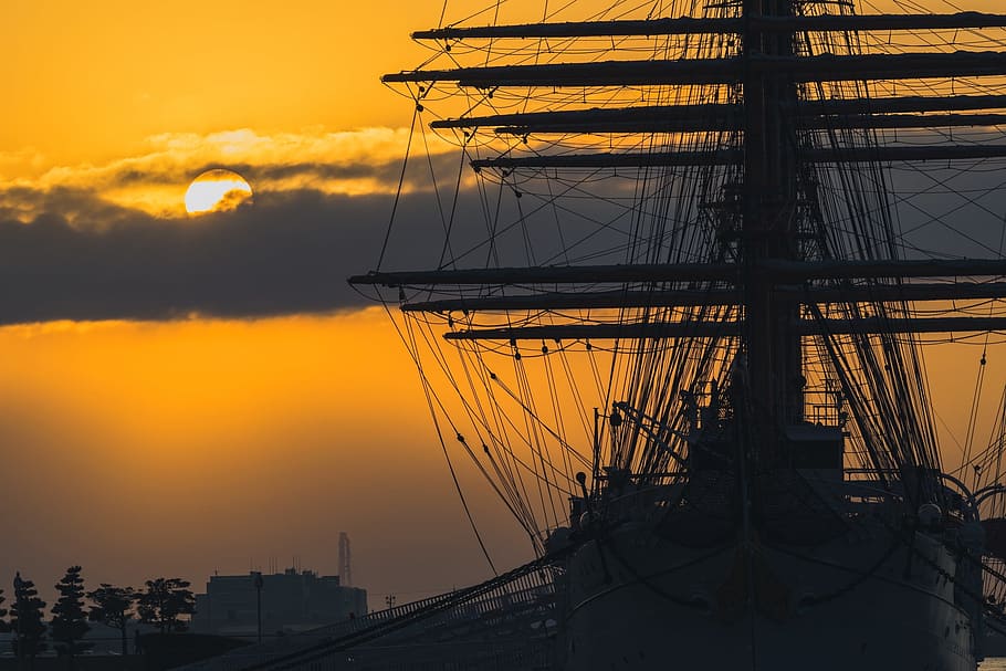 white boat under orange sunset, sailing ship, superstructure HD wallpaper