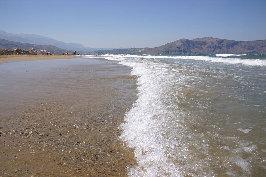 crete, water, beach, greece, holidays, sea, land, mountain HD wallpaper