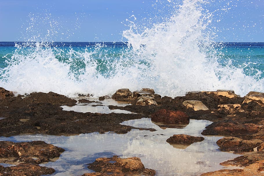 sea, coast, sky, surf, holiday, water, motion, wave, rock, solid HD wallpaper