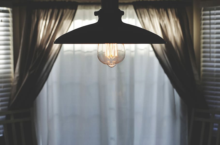 black pendant lamp in room with curtain, low light photography of pendant lamp HD wallpaper
