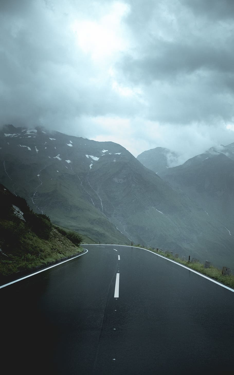 mountain, highland, cloud, sky, foggy, landscape, valley, asphalt HD wallpaper