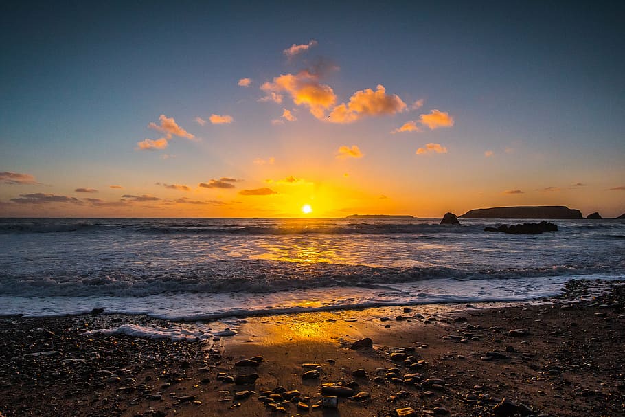 photo of seashore during golden hour, sunset, ocean, wales HD wallpaper