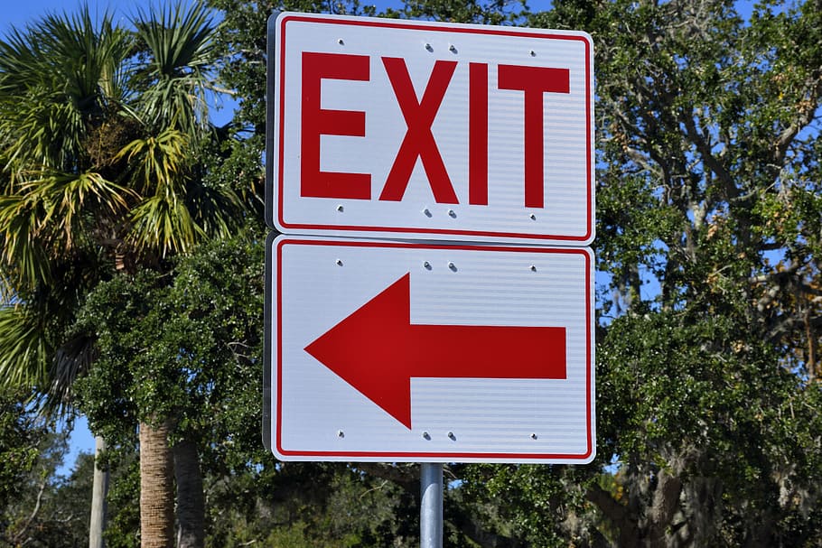 white-and-red exit with arrow road signages, exit sign, symbol