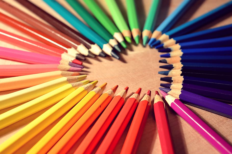 multicolored color pen in heart formation, crayons, love, colors, HD wallpaper