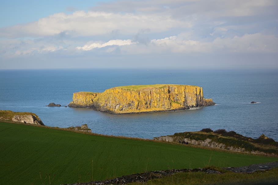 carrick-a-rede, island, sea, view, rock, nature, water, sky, HD wallpaper
