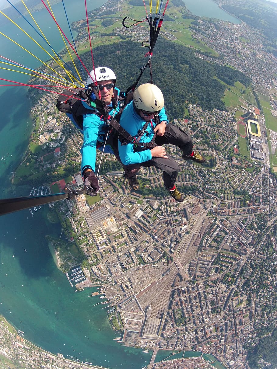 two person riding sky diving on parachute, volaris paragliding, HD wallpaper