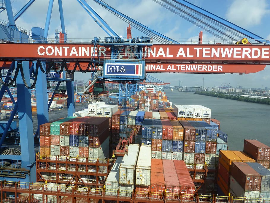 container, container gantry crane, hamburg, loading crane, container crane HD wallpaper