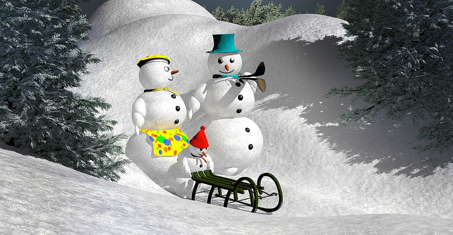 black wooden sled near tree, Snowman, sledge, christmas, winter, HD wallpaper
