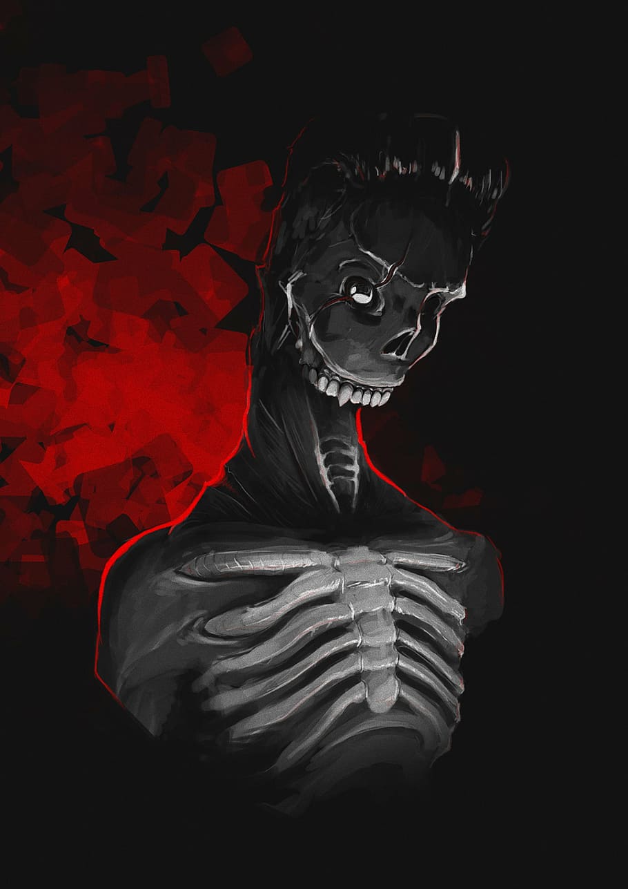 black and red skeleton illustration, dark red, digital, figure HD wallpaper