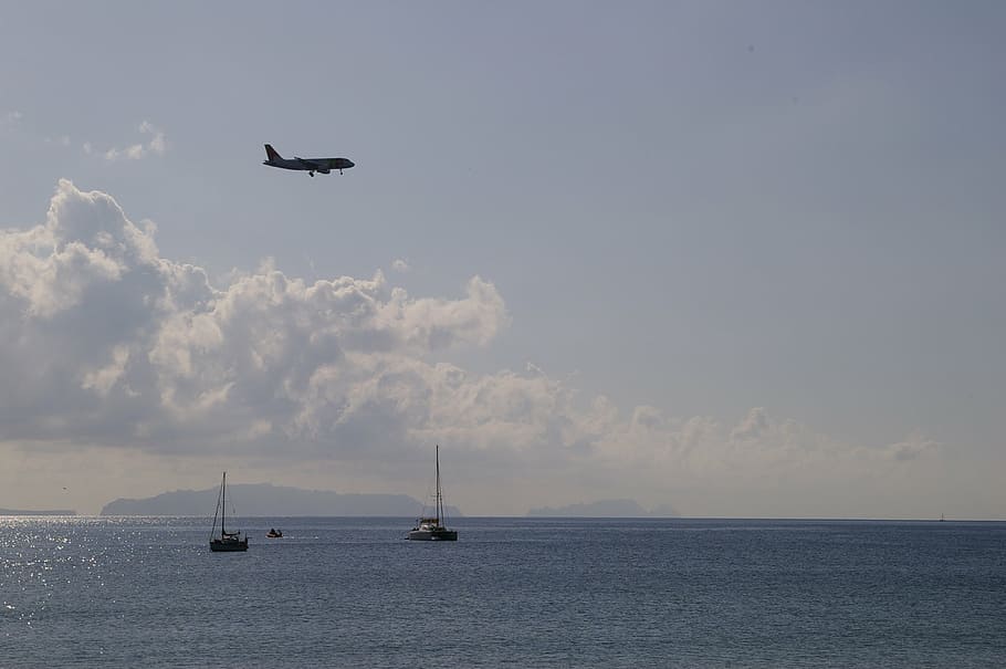 plane, boats, mar, flight, clouds, wood, transportation, mode of transportation HD wallpaper