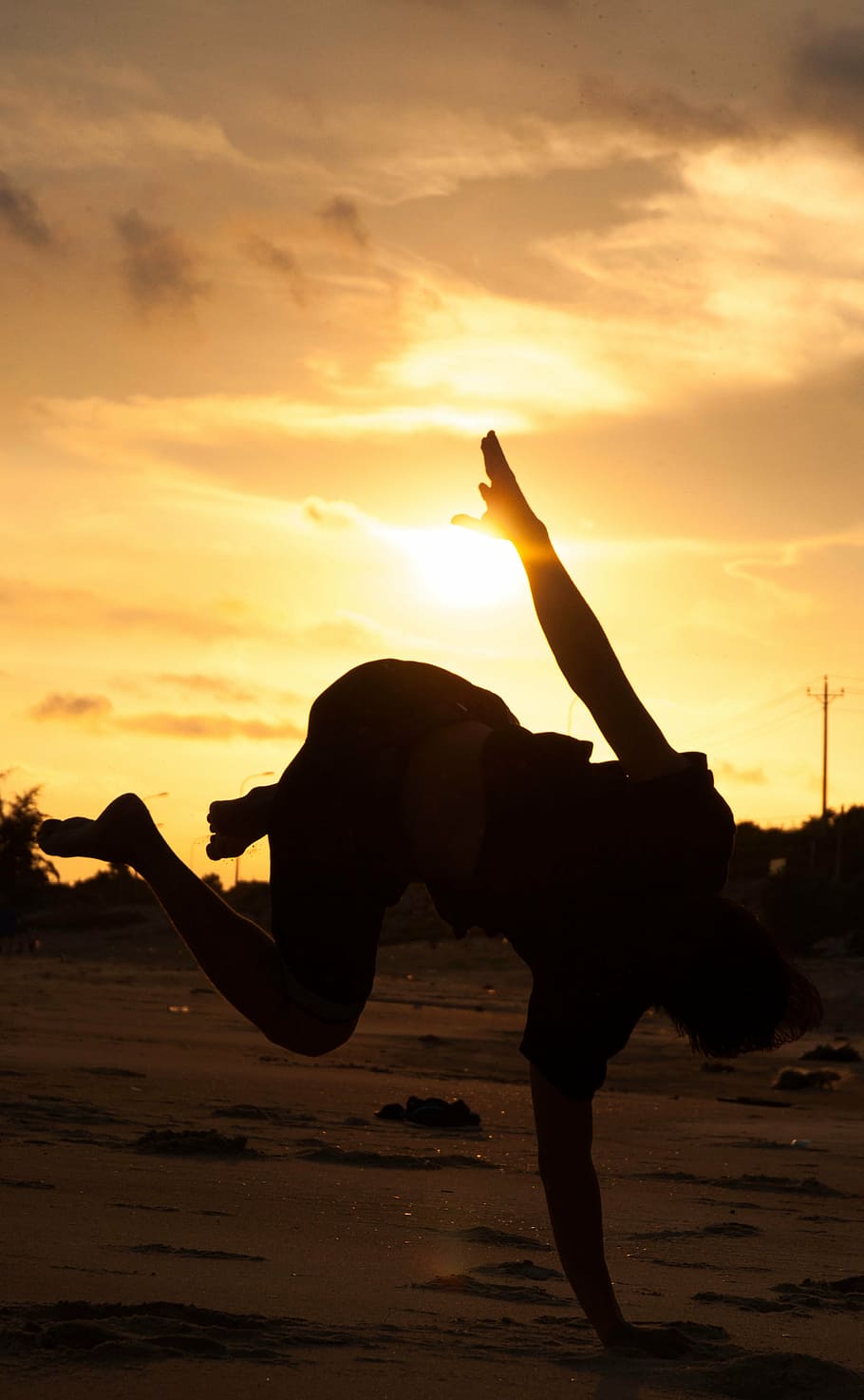 the sea, boy, dance, clouds, heaven, sunset, sky, beach, silhouette HD wallpaper