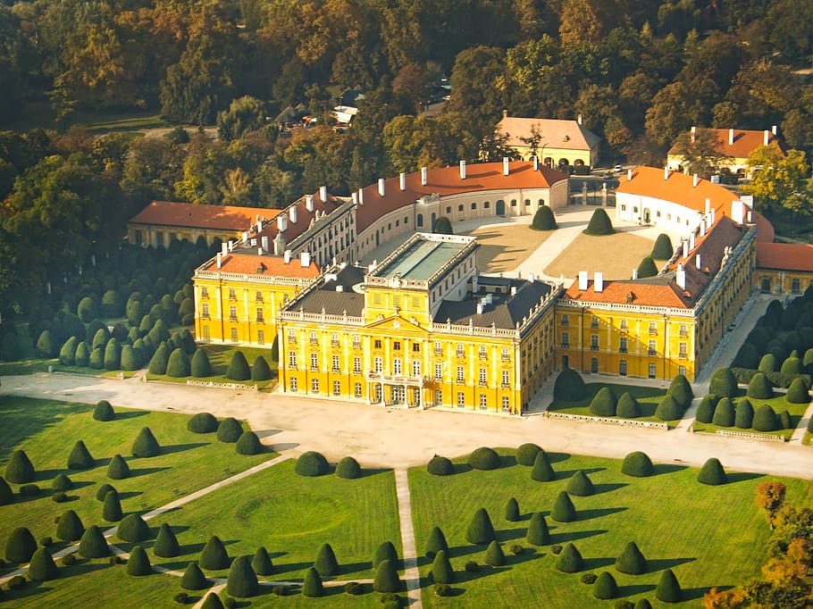 esterházy-kastély, francia park, hungary, castle, aerial view