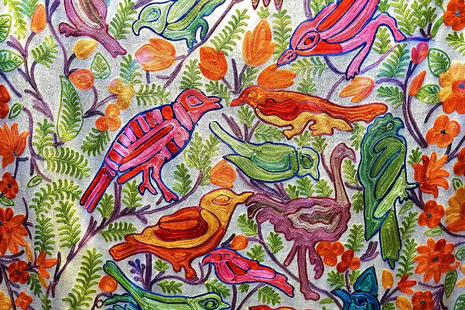 red and multicolored bird and flower print textile, art, pattern HD wallpaper