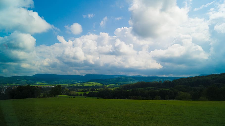 clouds, sky, blue, white, green, mountains, trees, meadow, karl hildebrand HD wallpaper