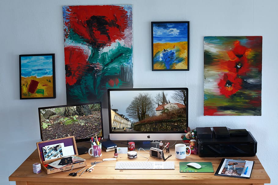 silver iMac beside keyboard and paintings, workplace, mockup HD wallpaper