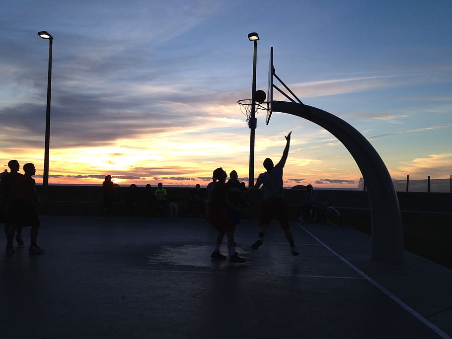 silhouette of people playing basketball, sunset, sport, game