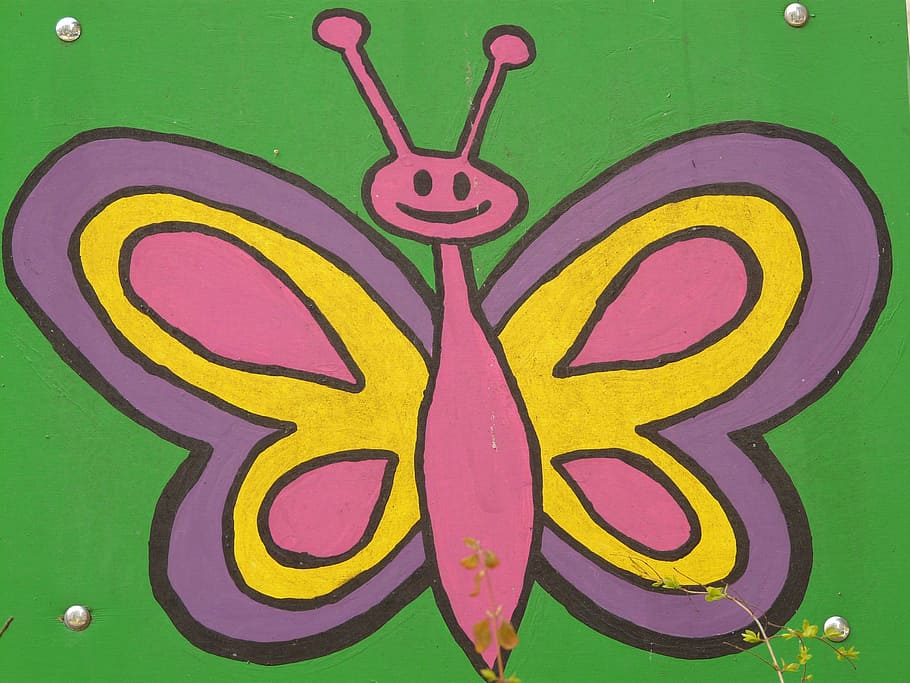 pink and yellow butterfly painting on weall, comic, figure, image