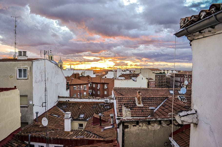 madrid, roofs, sunset, afterglow, clouds, evening sky, architecture HD wallpaper