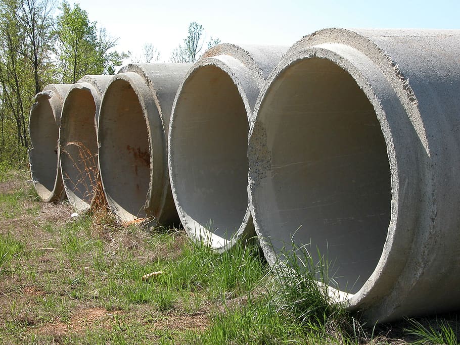 drainage pipe, concrete, plant, industry, grass, land, field HD wallpaper