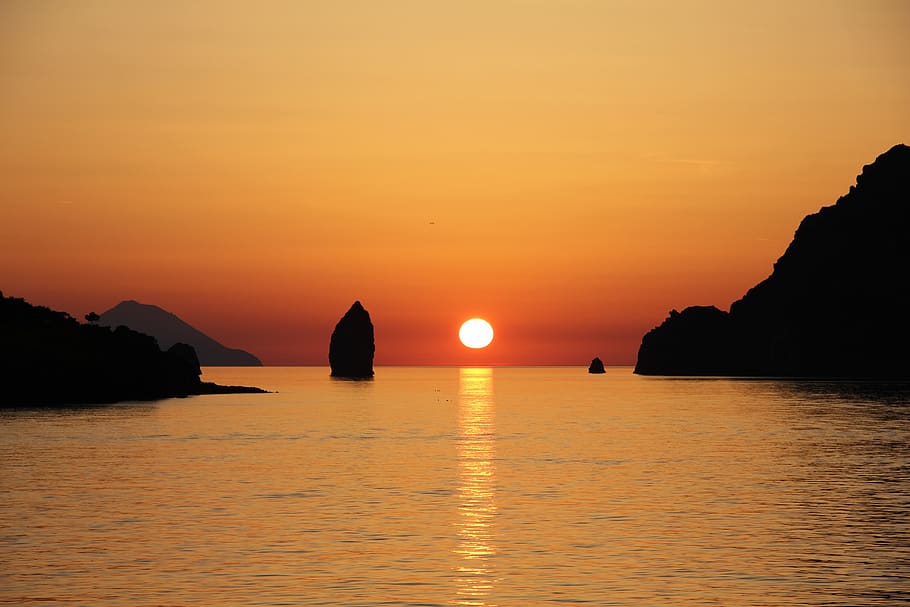 vulcano, aeolian islands, sunset, sicily, sea, rock, water