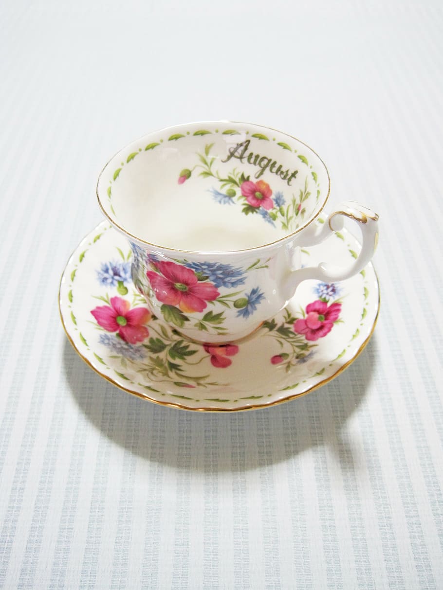 white and pink floral ceramic teacup on saucer, tea time, august HD wallpaper