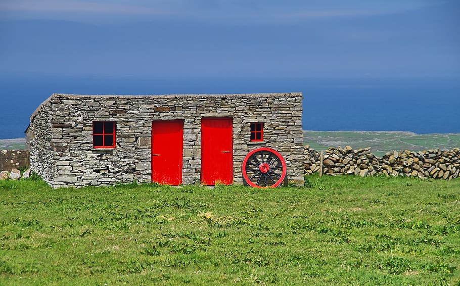 ireland, sky, blue, red, stone house, wagon wheel, stone wall