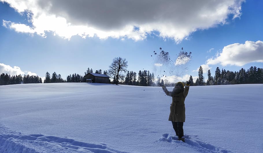 snow, winter, cold, nature, frost, woman, girl, mountains, clouds HD wallpaper