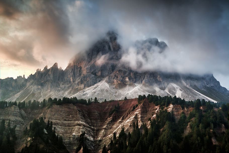 Mountain Range, adventure, clouds, dawn, daylight, dolomites HD wallpaper