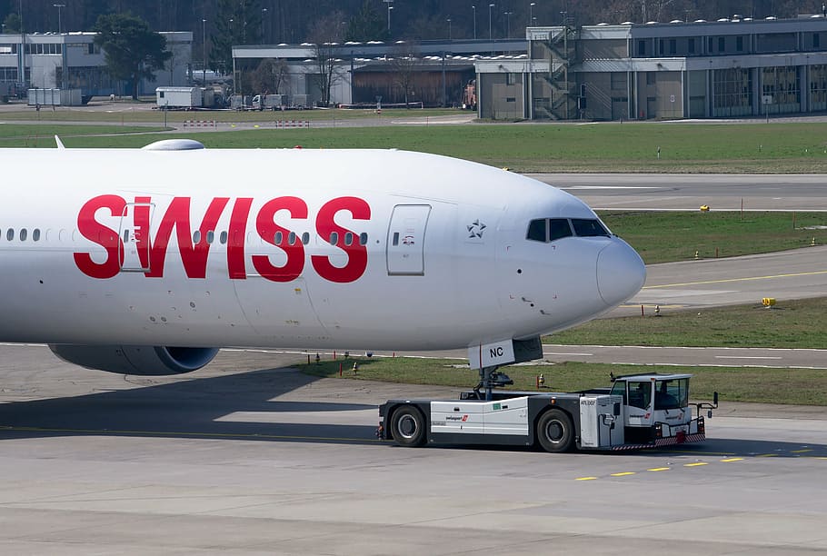 swiss, boeing 777, aircraft, tug, towing vehicle, tractor, zurich, HD wallpaper